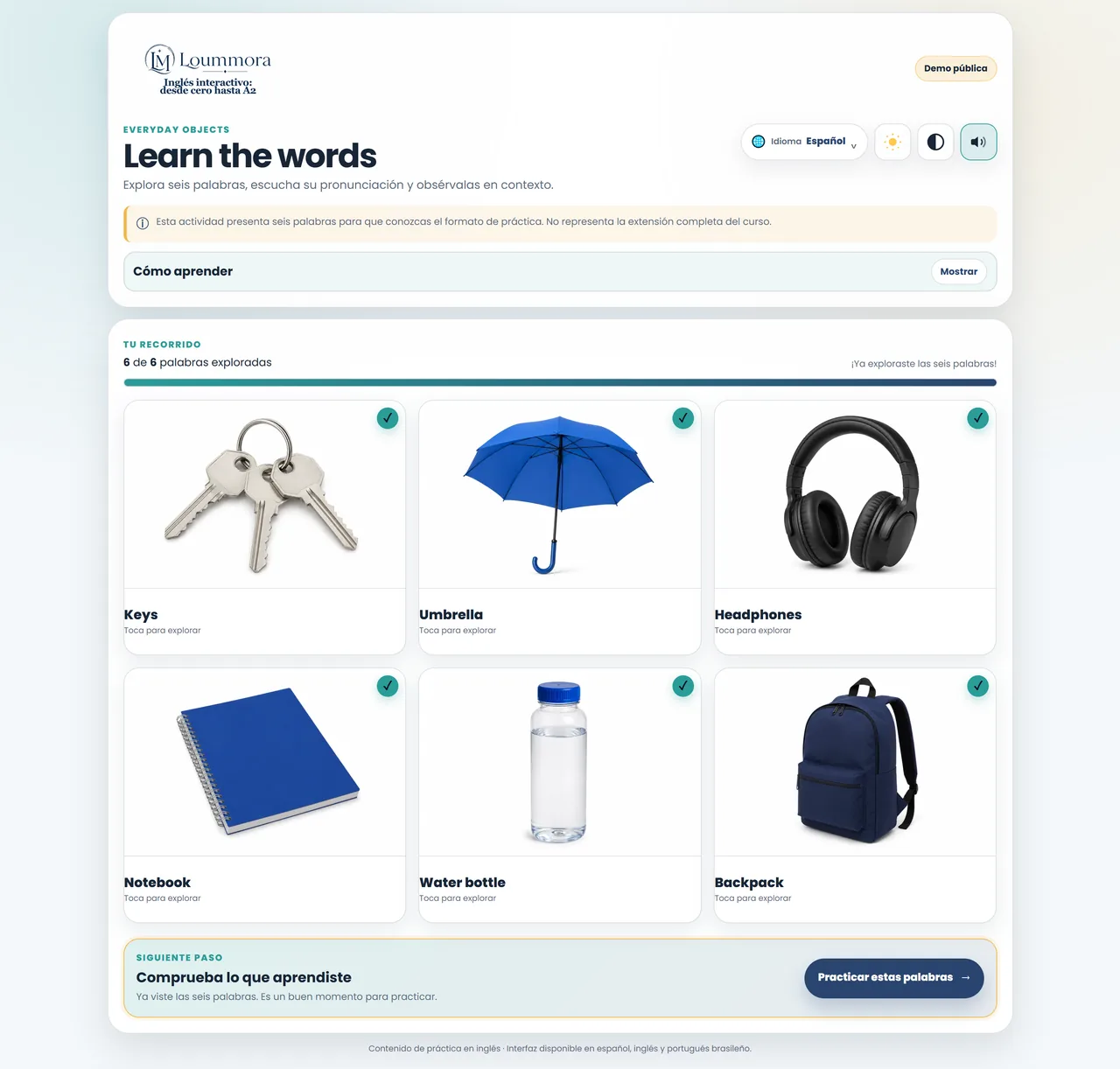 Vista previa de Learn the words con seis objetos cotidianos: llaves, paraguas, audífonos, cuaderno, botella de agua y mochila.